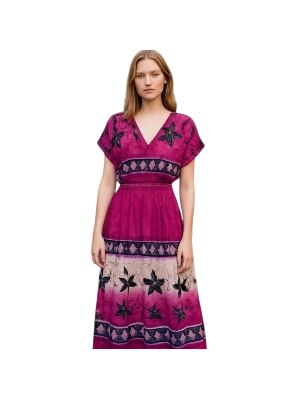 jessica Taylor Pink Floral Pullover V-Neck Back Smocked Waist Midi Dress Large - Picture 1 of 7